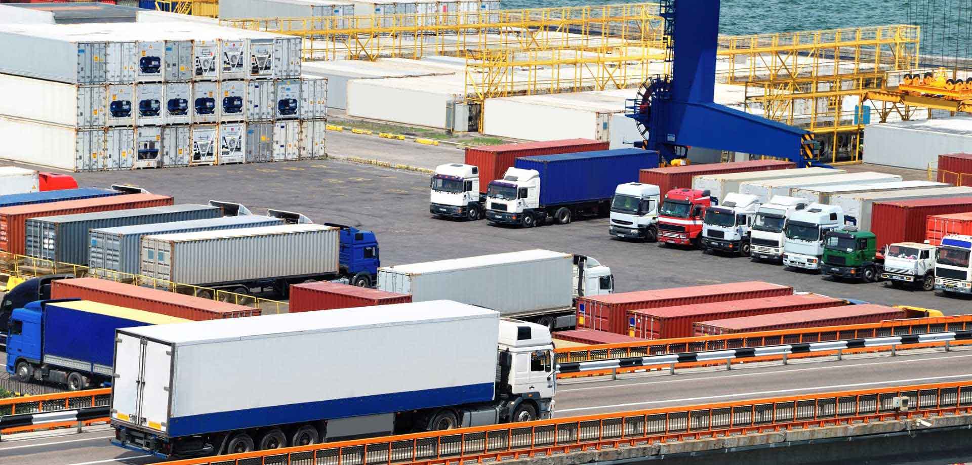 freight lorries and containers at sea port