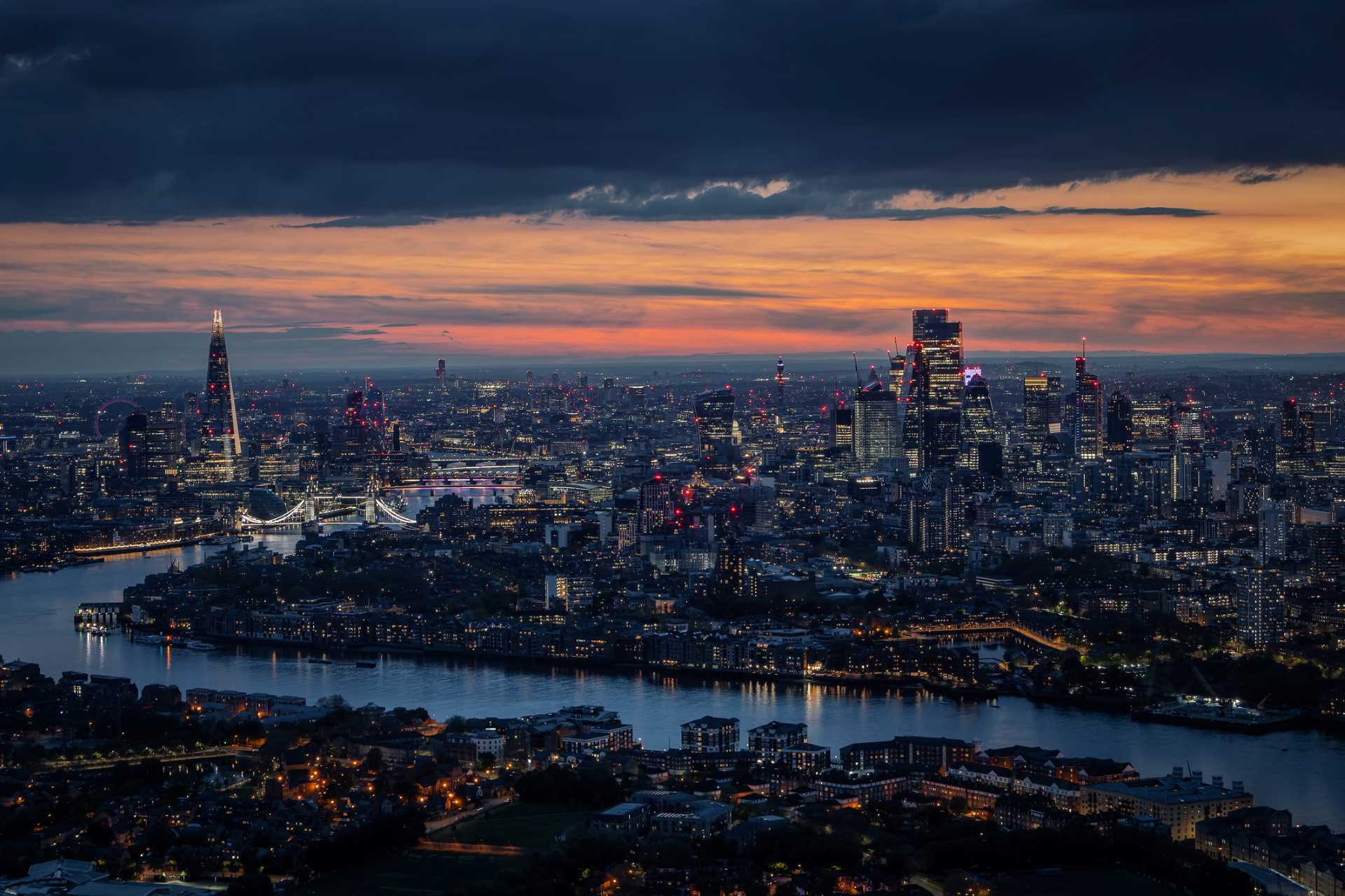 Aerial view of London, UK at sunset